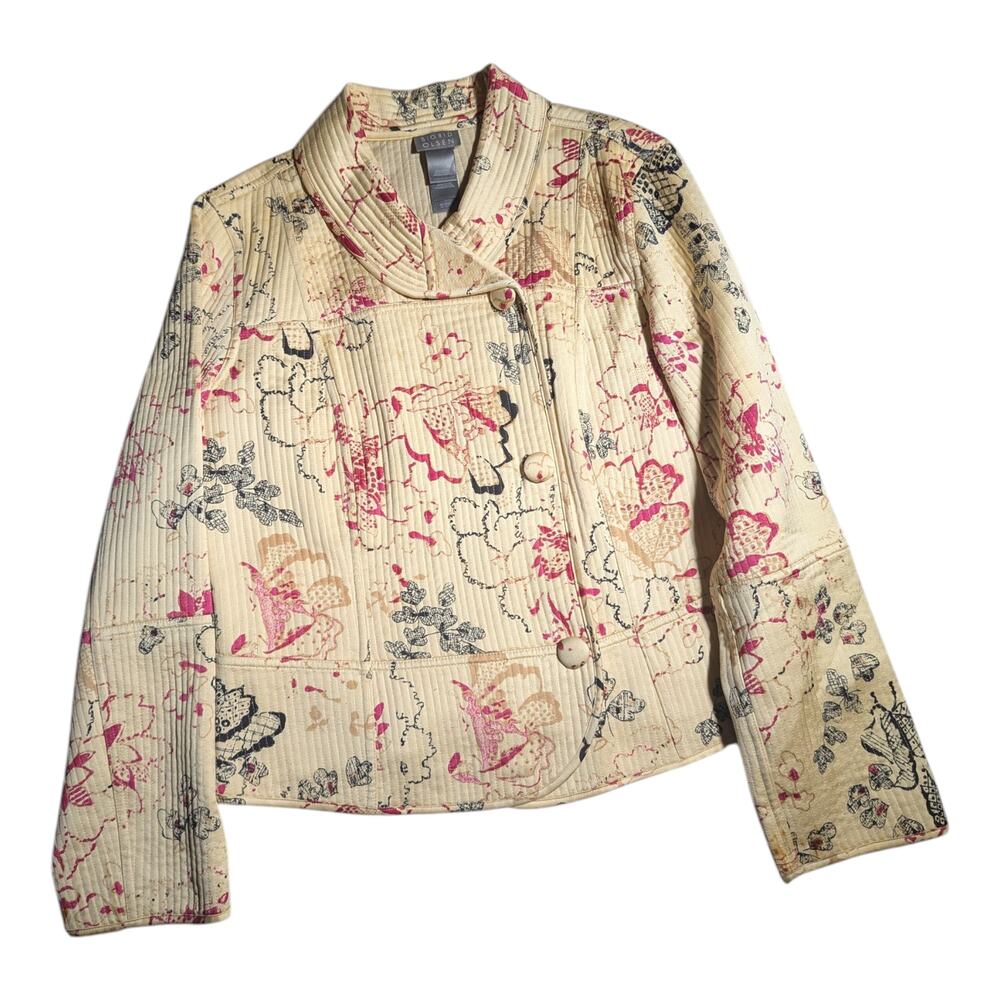 Vtg Y2K Sigrid Olsen Ivory Quilted Floral Print Silk Snap Front Jacket Sz 10